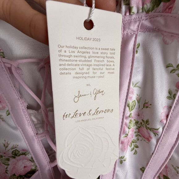 For Love & Lemons Naima Bustier Corset Top – Pink Floral Lace-Up Ribbon Tie - Picture 5 of 12